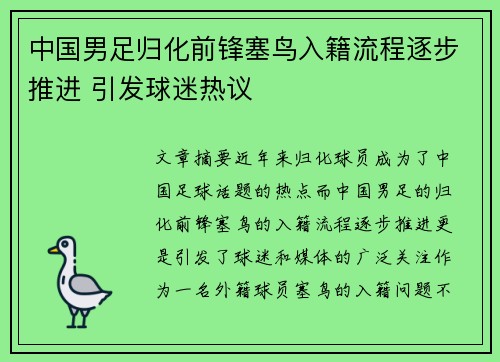中国男足归化前锋塞鸟入籍流程逐步推进 引发球迷热议